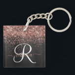 Custom Rose Gold Glitter Black Sparkle Monogram Keychain<br><div class="desc">Easily personalize this trendy elegant keychain design featuring pretty rose gold sparkling glitter on a black brushed metallic background.</div>