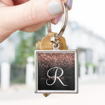 Custom Rose Gold Glitter Black Sparkle Monogram Keychain<br><div class="desc">Easily personalize this trendy elegant keychain design featuring pretty rose gold sparkling glitter on a black brushed metallic background.</div>