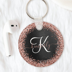 Custom Rose Gold Glitter Black Sparkle Monogram Keychain