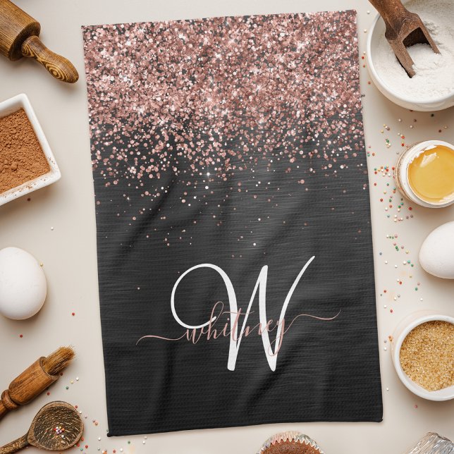 Custom Rose Gold Glitter Black Sparkle Monogram Kitchen Towel (Creator Uploaded)