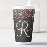 Custom Rose Gold Glitter Black Sparkle Monogram Latte Mug<br><div class="desc">Easily personalize this trendy elegant latte mug design featuring pretty rose gold sparkling glitter on a black brushed metallic background.</div>