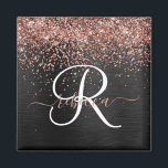 Custom Rose Gold Glitter Black Sparkle Monogram Magnet<br><div class="desc">Easily personalize this trendy elegant magnet design featuring pretty rose gold sparkling glitter on a black brushed metallic background.</div>