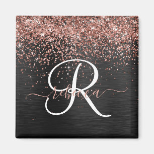 Custom Rose Gold Glitter Black Sparkle Monogram Magnet