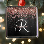 Custom Rose Gold Glitter Black Sparkle Monogram Metal Ornament<br><div class="desc">Easily personalize this trendy elegant ornament design featuring pretty rose gold sparkling glitter on a black brushed metallic background.</div>