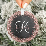 Custom Rose Gold Glitter Black Sparkle Monogram Ornament<br><div class="desc">Easily personalize this trendy elegant ornament design featuring pretty rose gold sparkling faux glitter on a black brushed metallic background.</div>