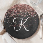 Custom Rose Gold Glitter Black Sparkle Monogram Paper Plate<br><div class="desc">Easily personalize this trendy elegant paper plate design featuring pretty rose gold sparkling glitter on a black brushed metallic background.</div>