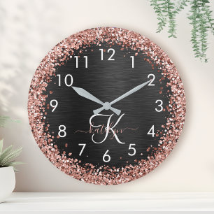 Custom Rose Gold Glitter Black Sparkle Monogram Round Clock