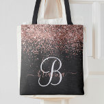 Custom Rose Gold Glitter Black Sparkle Monogram Tote Bag<br><div class="desc">Easily personalize this trendy elegant tote bag design featuring pretty rose gold sparkling glitter on a black brushed metallic background.</div>