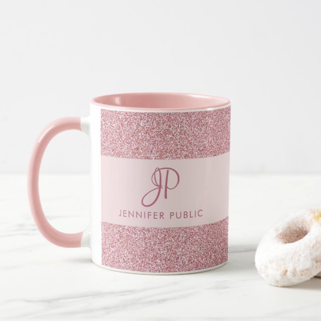Custom Rose Gold Glitter Look Template Monogram Mug (With Donut)