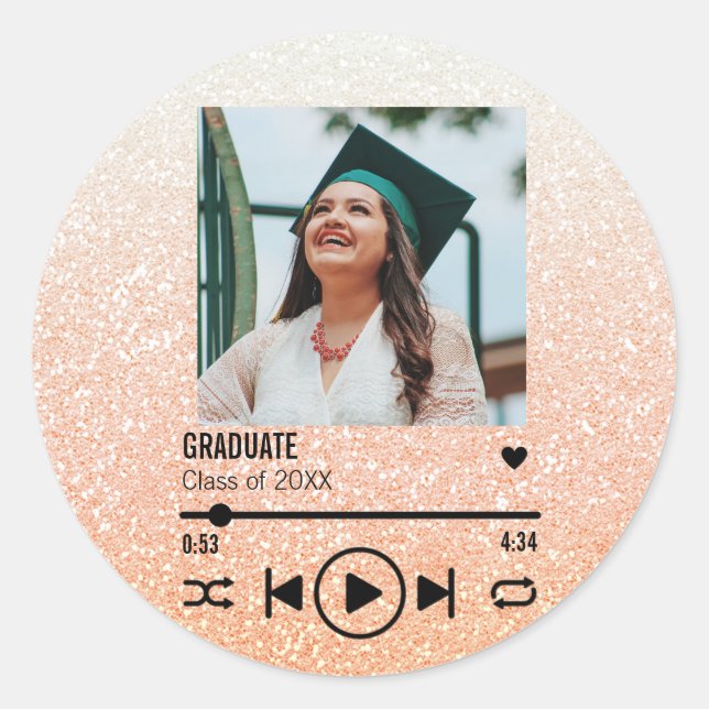 Custom Rose Gold Graduation Photo Song Playlist Classic Round Sticker (Front)