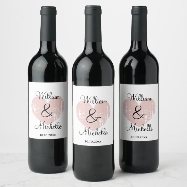 Custom rose pink heart wedding wine bottle labels (Bottles)