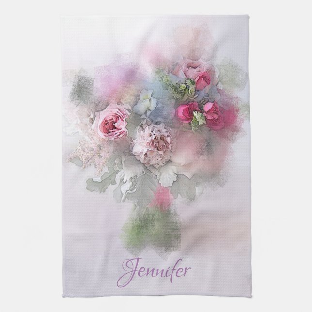Custom Roses Bouquet Personalized Modern Floral Kitchen Towel (Vertical)