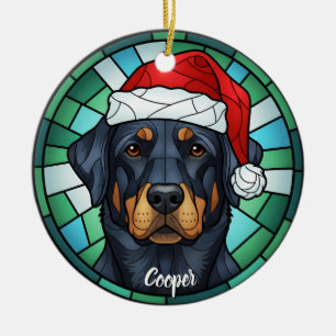 Custom Rottweiler Dog Santa Hat Stained Glass Ceramic Ornament