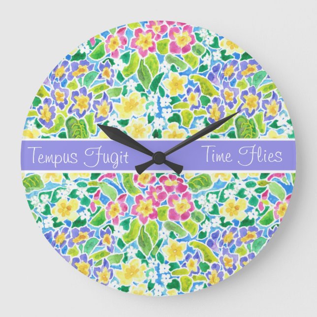 Custom Round Clock, Spring Primroses, Powder Blue Large Clock (Front)
