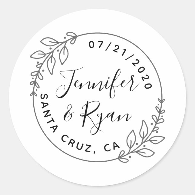 Custom Round Laurel Wreath Wedding Save The Date Classic Round Sticker (Front)
