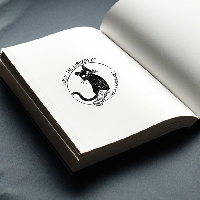 Custom Round Library Cat Bookplate  Rubber Stamp (Creator Uploaded)