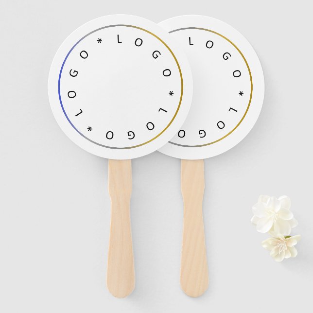 Custom Round Logo and Blue Silver Golden Frame Hand Fan (Front and Back)