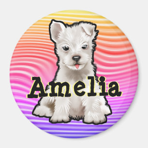 Custom round Magnet Rainbow puppies.