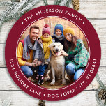 Custom Round Photo Simple Return Address Classic Round Sticker<br><div class="desc">Add the finishing touch to your envelopes, mailings and stationary with these circle custom photo return address labels. Personalized these round return address labels with your favourite photo, pet photo, family photo with dog, names, and address. These modern holiday red return address labels are perfect for the Christmas holiday season....</div>