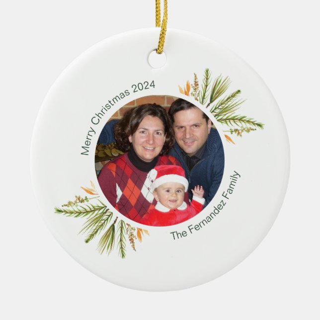 Custom Round Photo Watercolor Greenery Christmas  Ceramic Ornament (Front)