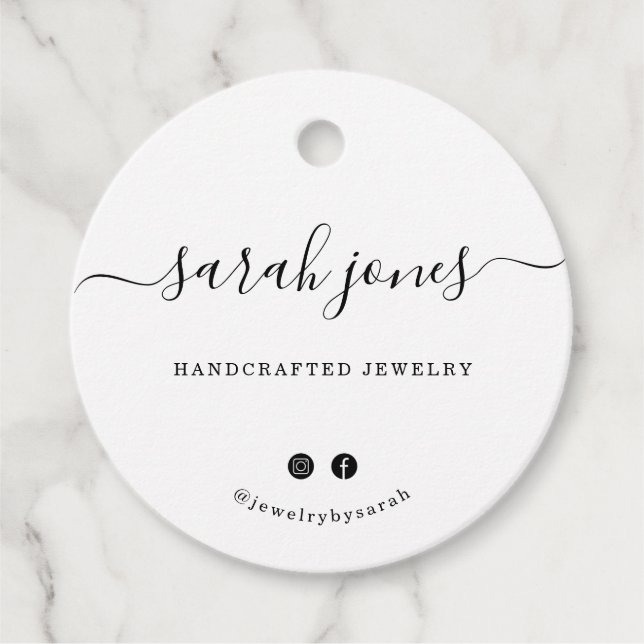 Custom Round White Calligraphy Script Hang Tag (Front)
