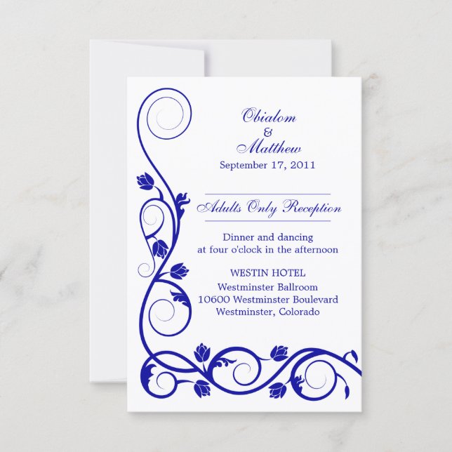 Custom Royal Blue Swirls Reception Cards (Front)