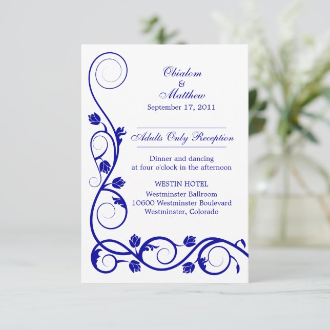 Custom Royal Blue Swirls Reception Cards (Standing Front)