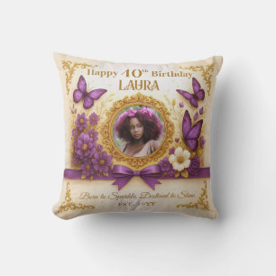 Custom Royal Gold Purple Butterfly Birthday Gift Throw Pillow