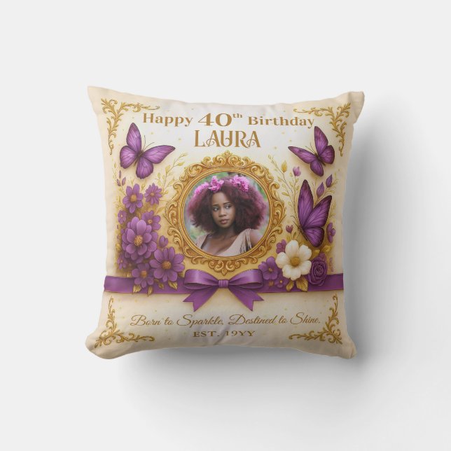 Custom Royal Gold Purple Butterfly Birthday Gift Throw Pillow (Front)