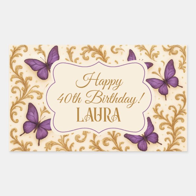 Custom Royal Gold Purple Butterfly Birthday  Sticker (Front)