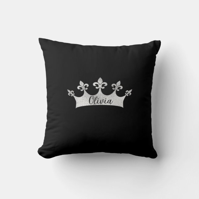 Custom Royal Silver Crown on Black Throw Pillow (Front)