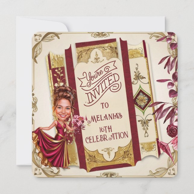 Custom Ruby Red and gold Sweet 16 Caricature Invitation (Front)