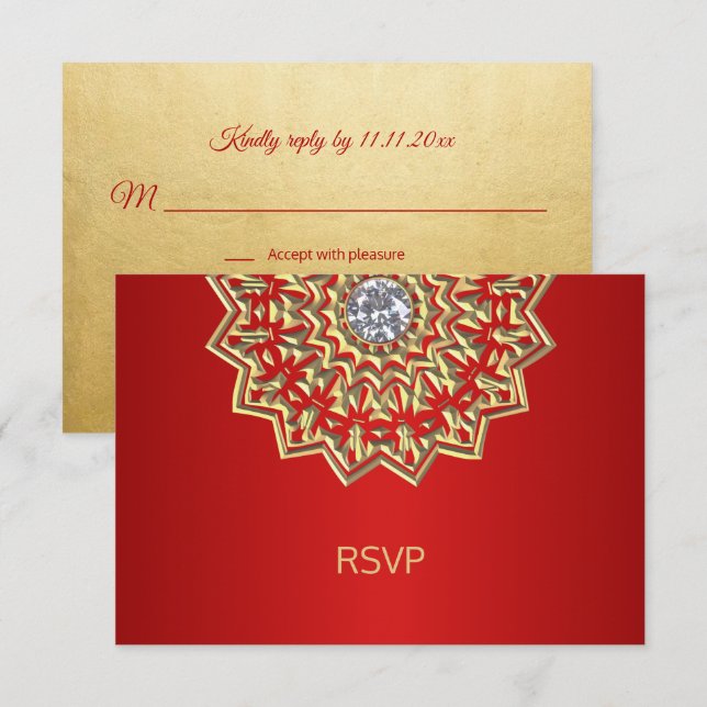 Custom Ruby RED Gold Indian Mandala RSVP Wedding Invitation (Front/Back)