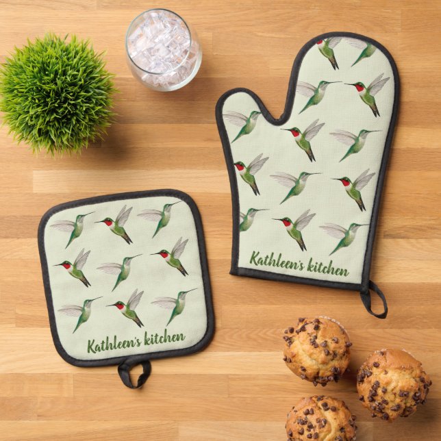 Custom Ruby-throated Hummingbird Oven Mitt & Pot Holder Set (Top Down)