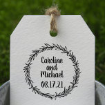 Custom Rustic Botanical Country Wreath Wedding Rubber Stamp<br><div class="desc">A perfect addition to use for your Wedding whether it's for your Save the Date Envelopes, Bridal Shower or wedding day favour bags or tags. Hand drawing of a elegant laurels, leaves in a shape of a wreath with a country rustic look. Customize the bride and groom's name with the...</div>