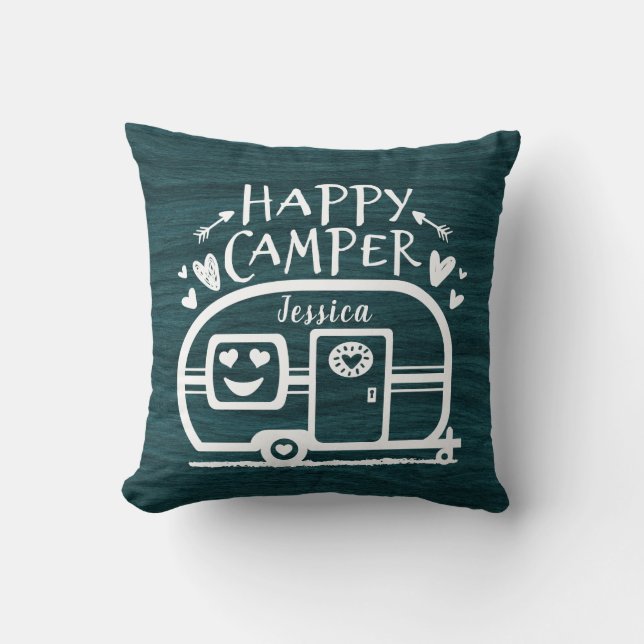 Custom Rustic Camping Happy Camper Blue Rv Throw Pillow (Front)