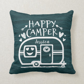 Custom Rustic Camping Happy Camper Blue Rv Throw Pillow