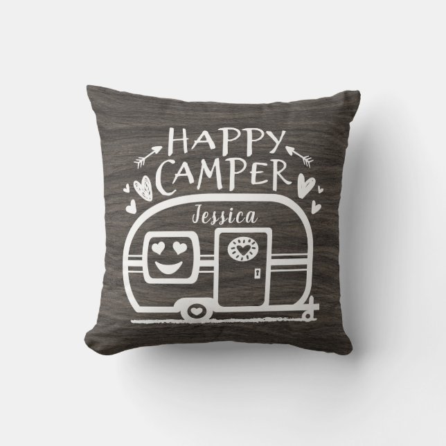 Custom Rustic Camping Happy Camper Dark Rv Throw Pillow (Front)