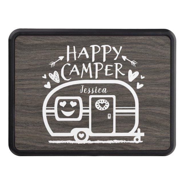 Custom Rustic Camping Happy Camper RV Trailer Hitch Cover (Front)