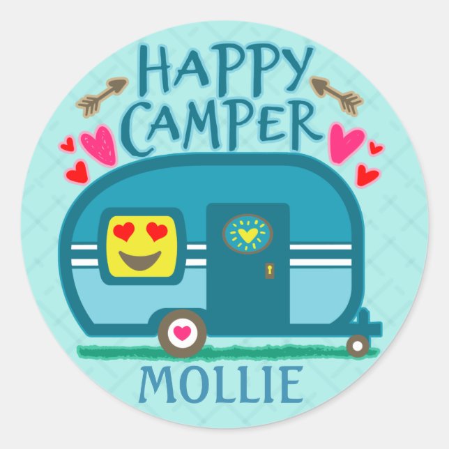 Custom Rustic Camping Happy Camper RVing Classic Round Sticker (Front)