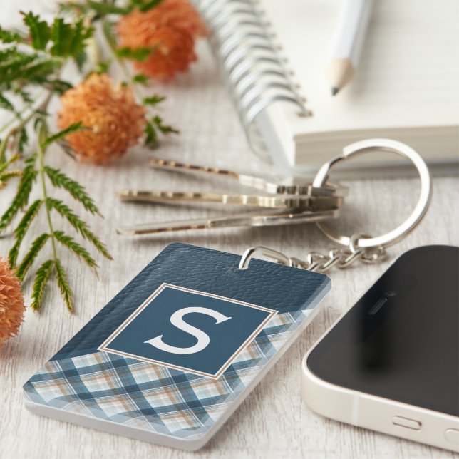 Custom Rustic Dark Blue Brown Stripe Plaid Pattern Keychain (Front Right)