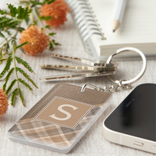 Custom Rustic Dark Brown Tan Beige Plaid Pattern Keychain