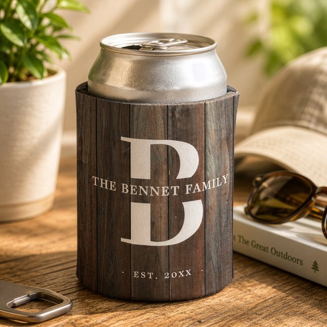 Custom Rustic Family Name Monogram Wood Can Cooler (Creator Uploaded)