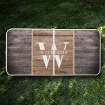 Custom Rustic Farmhouse Family Monogram Wood Tone Beer Pong Table<br><div class="desc">This modern, rustic beer pong table features your family monogram and name over a printed medium brown and dark wood backdrop with faux inlays in a Retro Cool Typography Design. Customize with your family name and initial and make this your own unique summer game set for the farmhouse style lake...</div>
