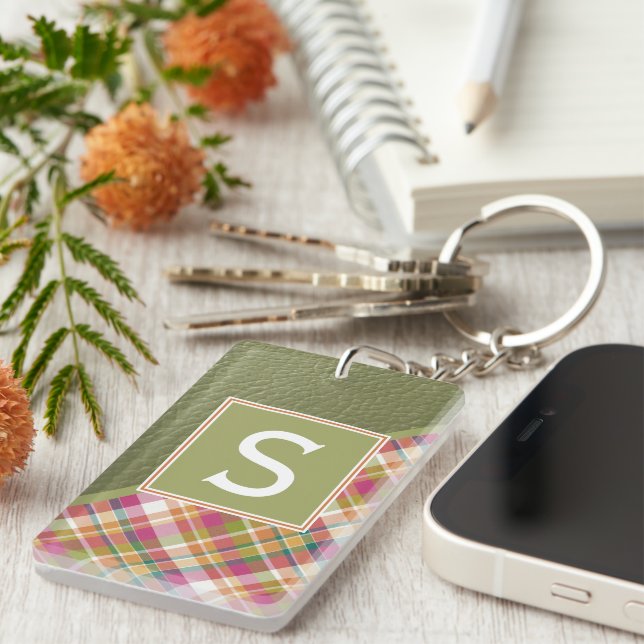 Custom Rustic Green Green Stripe Plaid Pattern Keychain (Front Right)