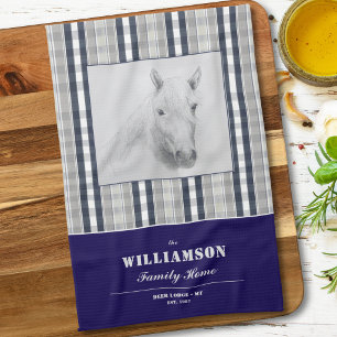 Custom Rustic Horse Family Name Navy Blue Plaid Kitchen Towel