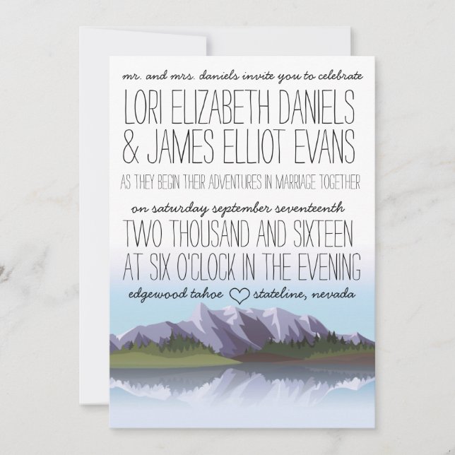 Custom Rustic Lake & Mountatin Wedding Invitation (Front)