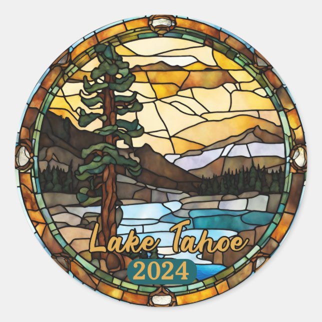 Custom Rustic Lake Tahoe Faux Stained Glass  Classic Round Sticker (Front)