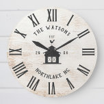 Custom Rustic Modern Farmhouse Family Name Vintage Large Clock<br><div class="desc">Personalized Family Name, city, state and year established Rustic Modern Wall clock in a trendy farmhouse style design with roman numeral clock face, barn illustration, and light white wood plank / shiplap backdrop design. Perfect gift for newlyweds, wedding or housewarming present or grandparents gift, or for a home make-over in...</div>