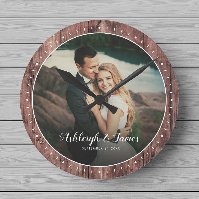 Custom Rustic Modern Wedding Photo Script Wood Round Clock (Creator Uploaded)